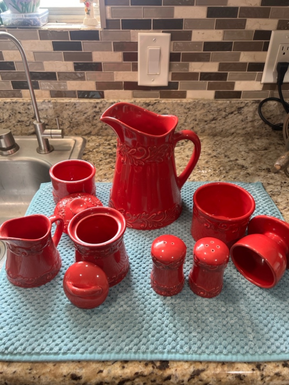 Red Ceramic Beverage Pitcher and Serving Set